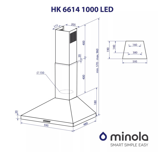 Вытяжка Minola HK 6614 WH 1000 LED